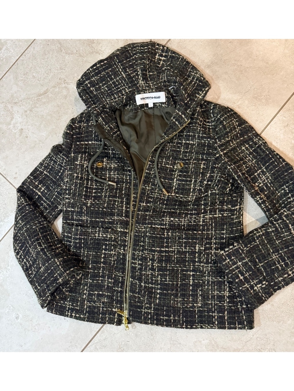 NWOT Veronica Beard Forest green tweed zip hooded jacket blazer 4